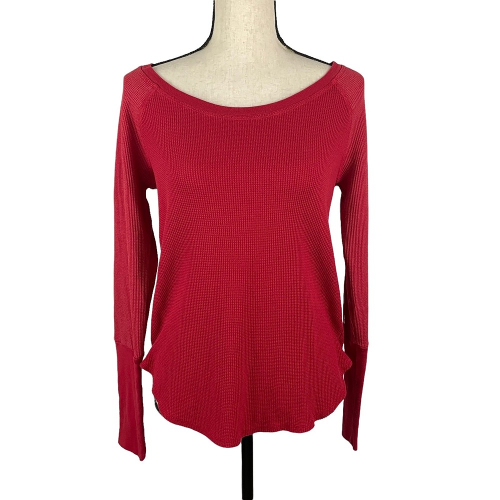 SPLENDID RED SCOOP NECK WAFFLE KNIT THERMAL TEE RAGLAN TOP SMALL